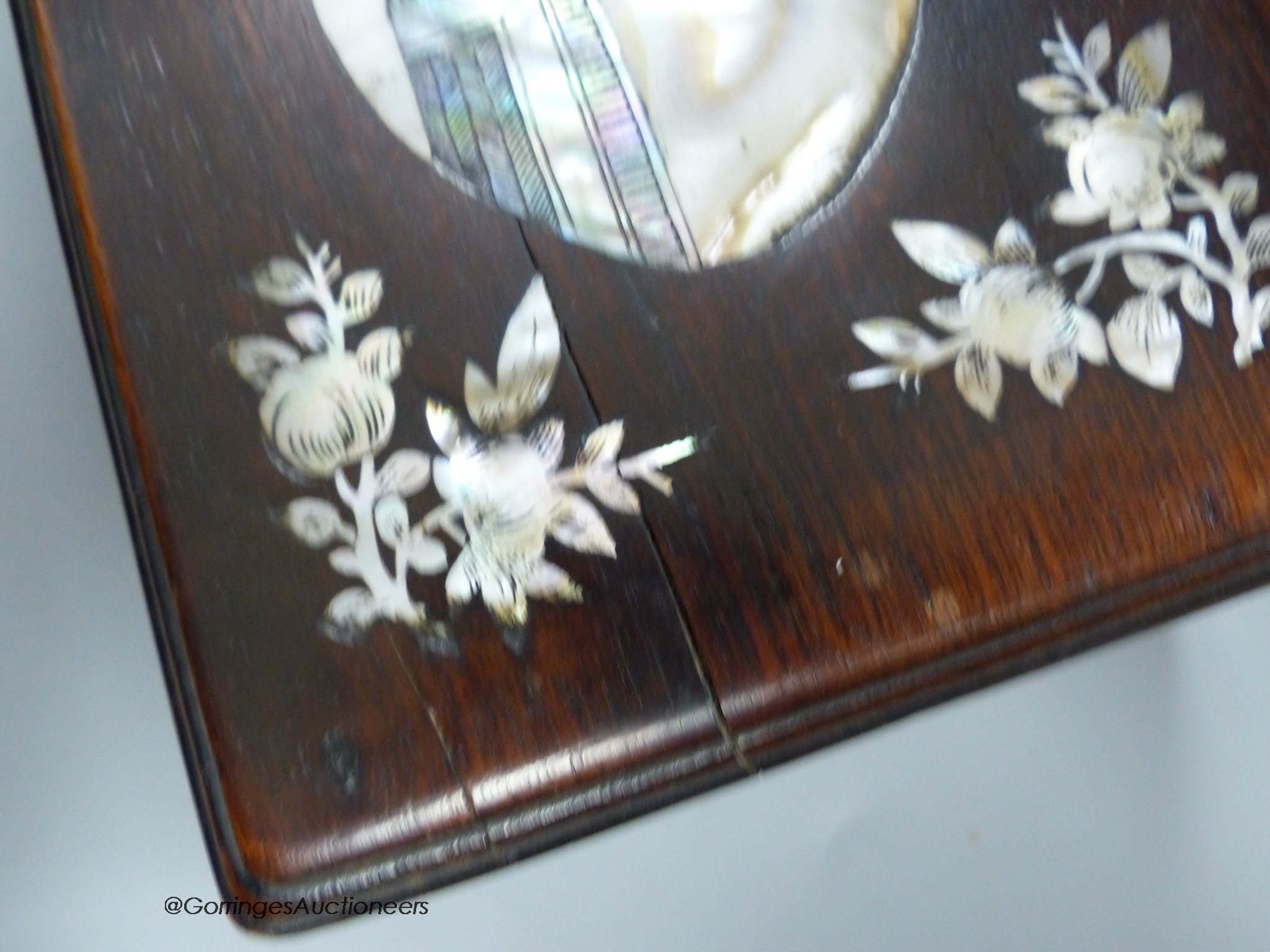 A Chinese Hongmu and mother of pearl brush box, 40cm long